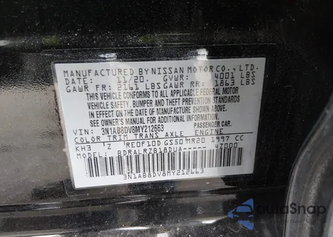 2021 Nissan Sentra Sr Xtronic Cvt z USA, uszkodzony, nr VIN 3N1AB8DV8MY212663